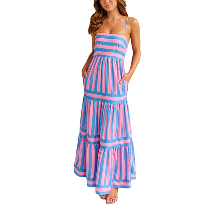 Stripe Printed Spaghetti Strap Beach Dress