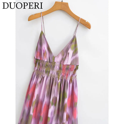 DUOPERI Printed V-Neck Backless Midi Dress - Casual Long Dress