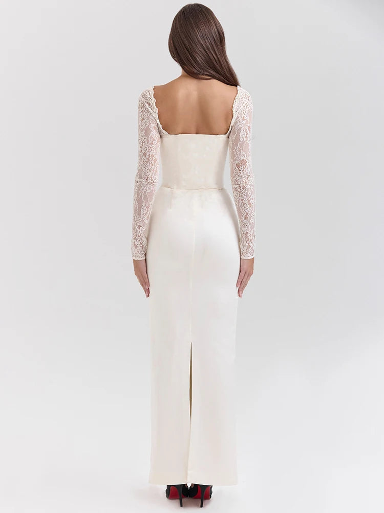 White Lace Maxi Dress - Long Sleeve, Backless, and Back Split Design