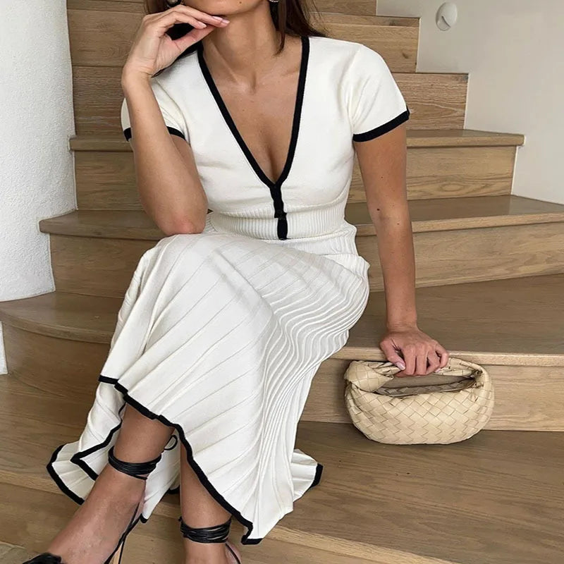 Women's White Long Skirt Suit - Short Sleeve V-Neck Crop Top Pleated Set