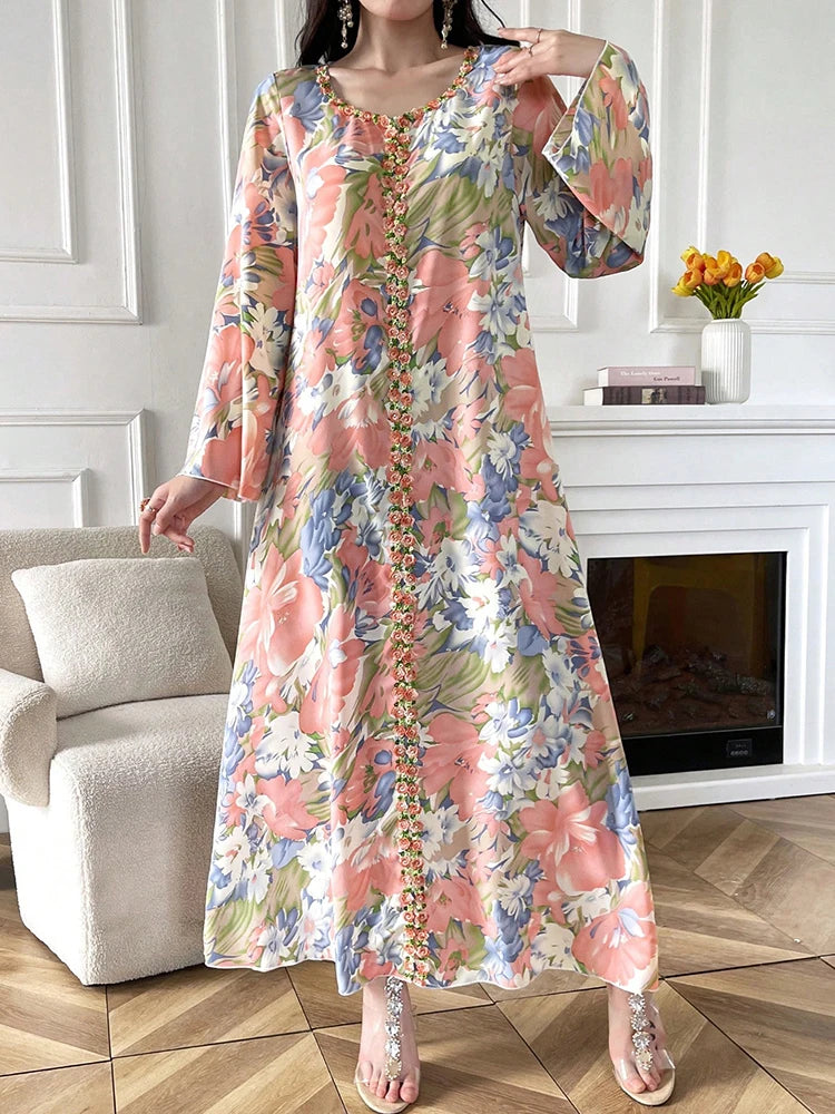 Women's Chic Jalabiya - Floral Long Sleeve V-Neck Maxi Dress
