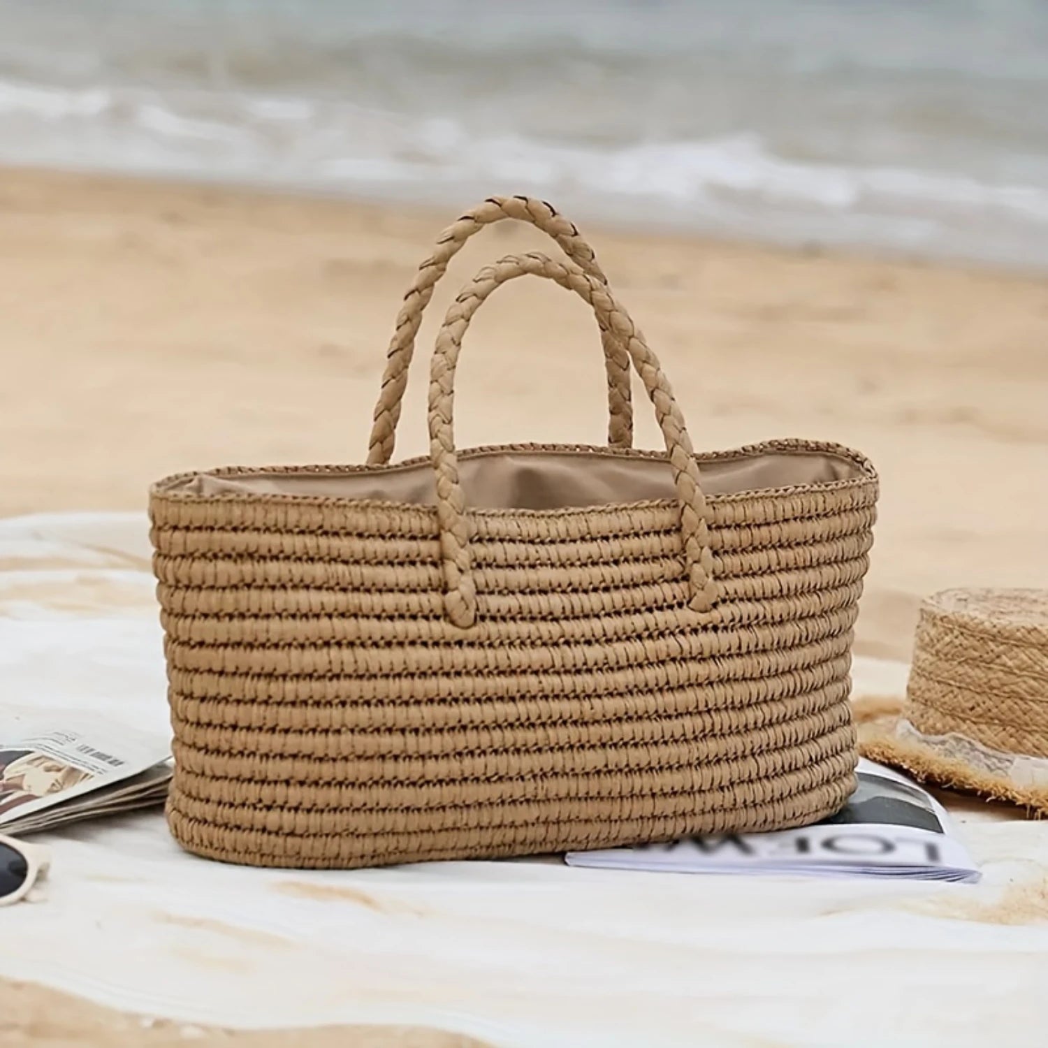 Straw Woven Beach Bag - Summer Drawstring Basket for Ladies