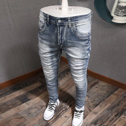 Retro Light Blue Slim Fit Ripped Jeans - Vintage Casual Men's Trousers