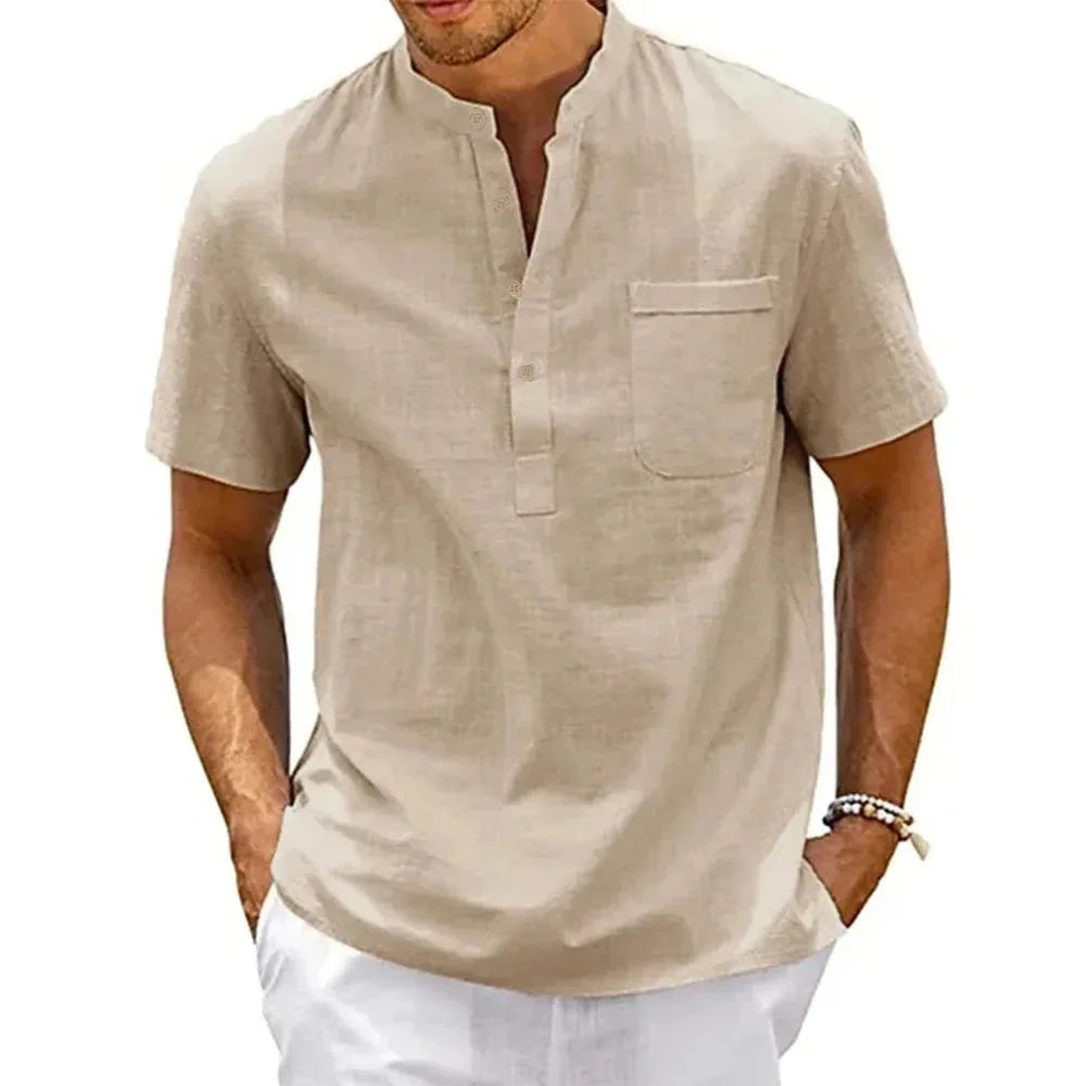 Men's Cotton Linen Henley Shirt - Casual Beach Short Sleeve Top