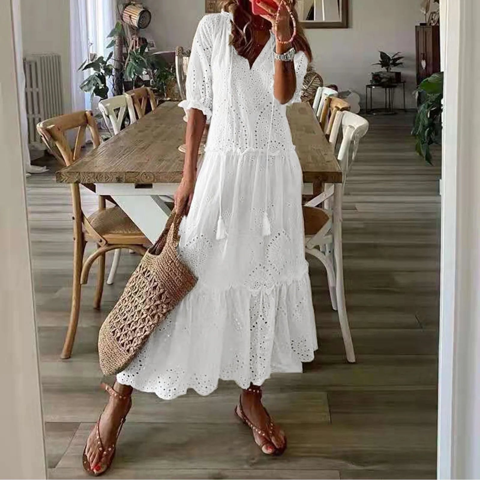White Bohemian Beach Dress - Casual Hollow Crochet Long Dress