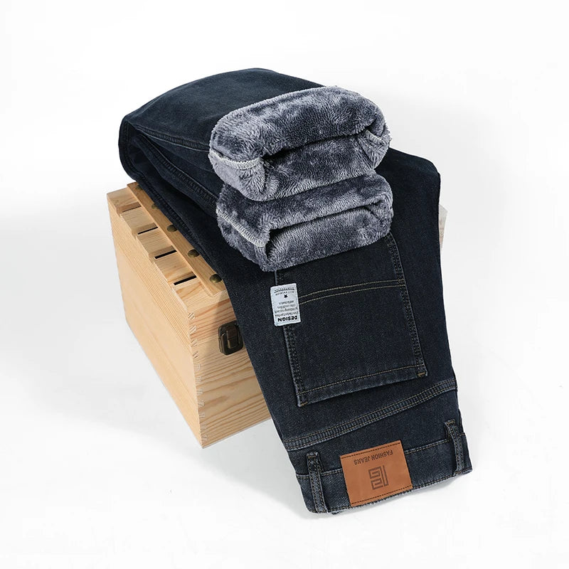 Straight Oversized Brushed Jeans - Warm Fleece Denim Trousers