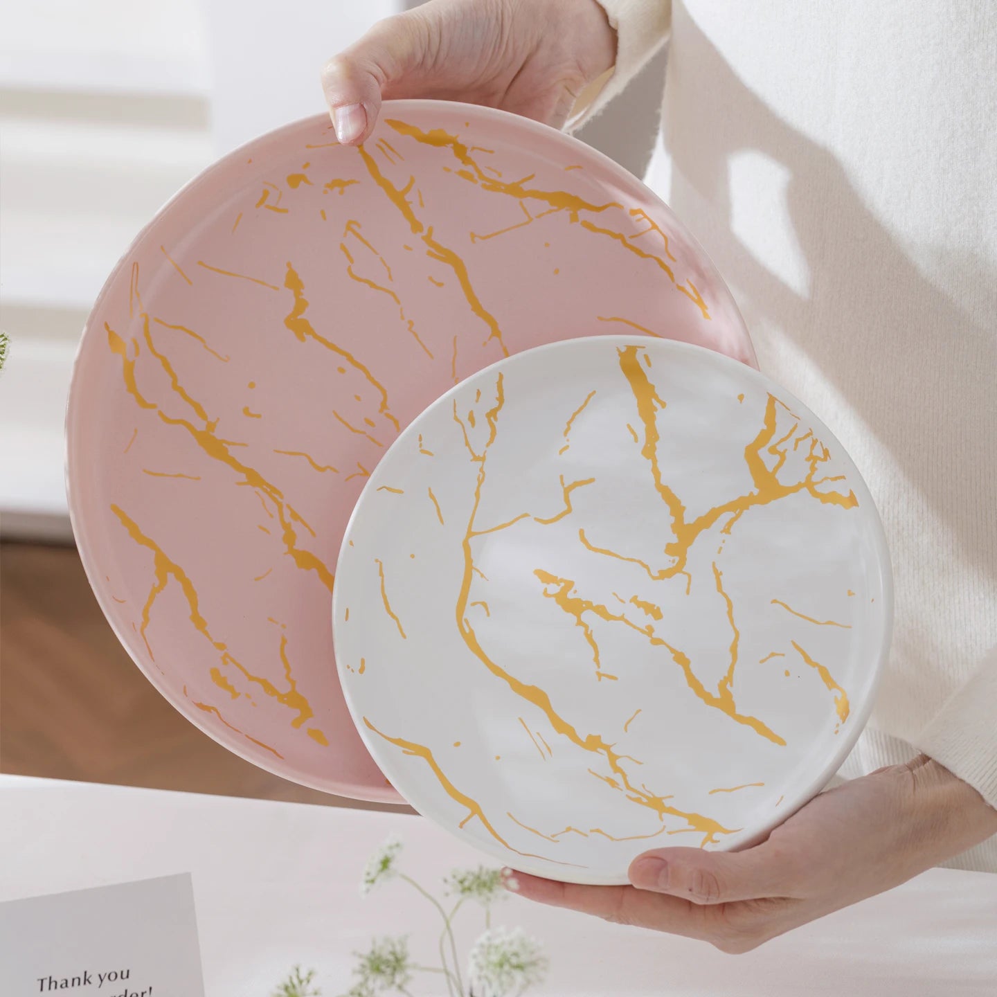 European Marbled Ceramic Plate with Gold Rim