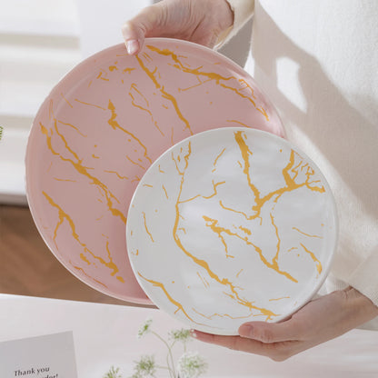 European Marbled Ceramic Plate with Gold Rim