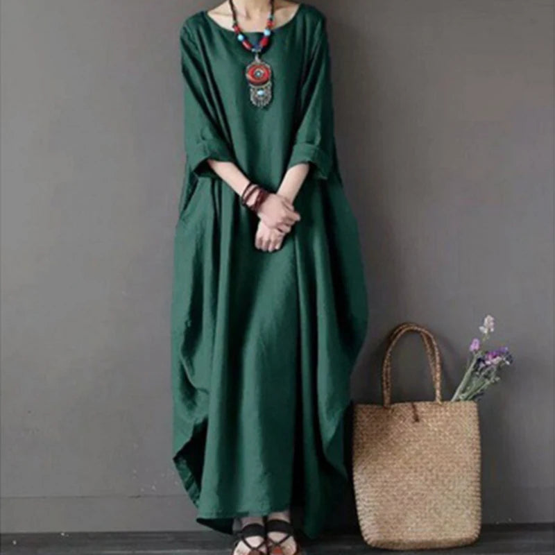 Women's Cotton Linen Loose Dress | Literary Boho Long Sleeve Kaftan Robe