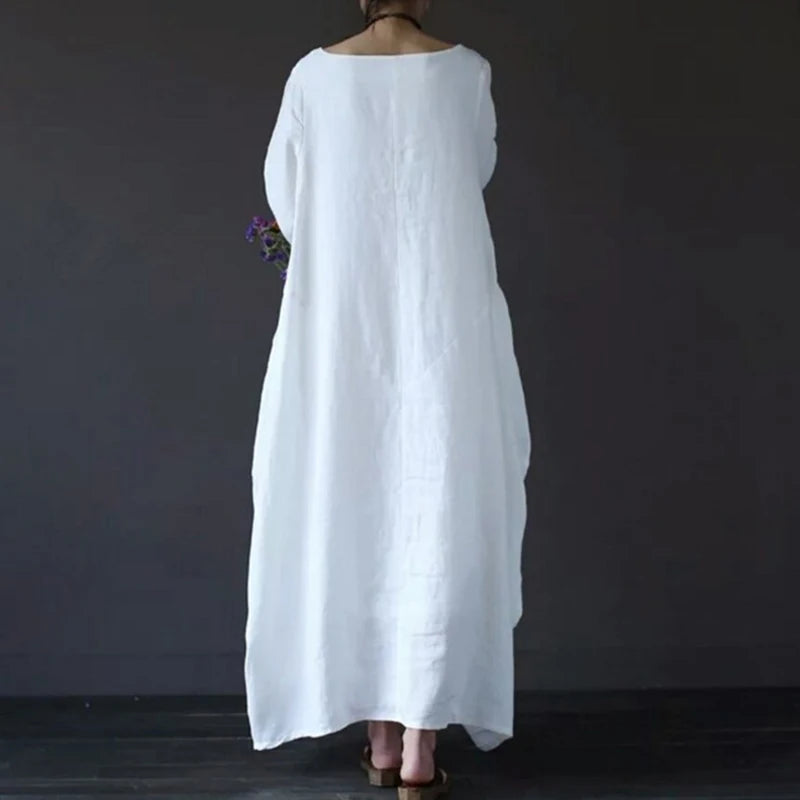 Women's Cotton Linen Loose Dress | Literary Boho Long Sleeve Kaftan Robe