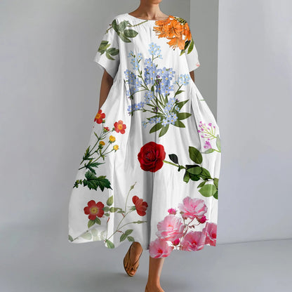 Ladies' Floral Print Maxi Dress - Round Neck Short Sleeve Beach Skirt