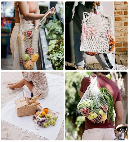 Portable Reusable Grocery Bags - Cotton Mesh String Shopping Tote