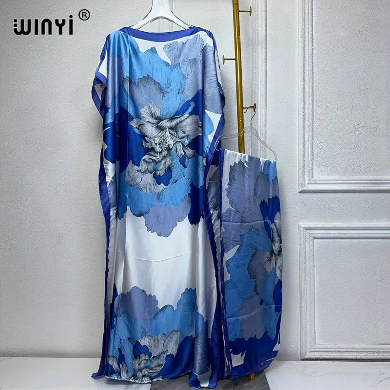 African Women Dashiki Dress with Scarf | Boho Print Maxi Loose Dubai Abaya