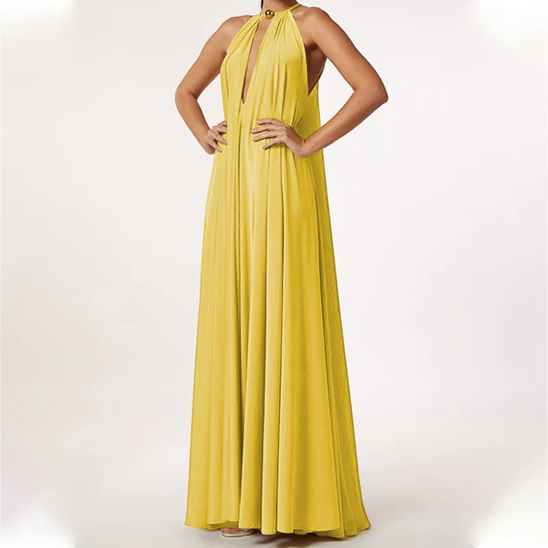 Elegant V-Neck Backless Maxi Dress - Boho Holiday Pleated Long Dress