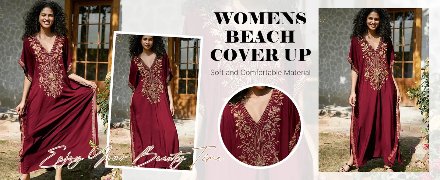Women's Gold Embroidery Long Kaftan Dress | V Neck Caftan Beach Cover Up