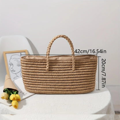 Straw Woven Beach Bag - Summer Drawstring Basket for Ladies