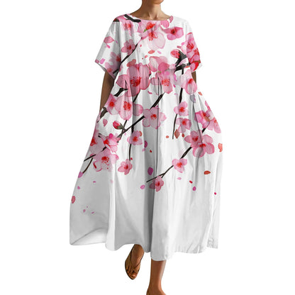 Ladies' Floral Print Maxi Dress - Round Neck Short Sleeve Beach Skirt
