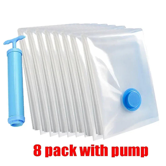 8PCS Vacuum Storage Bags - Space Saver Travel Storage with Hand-Pump