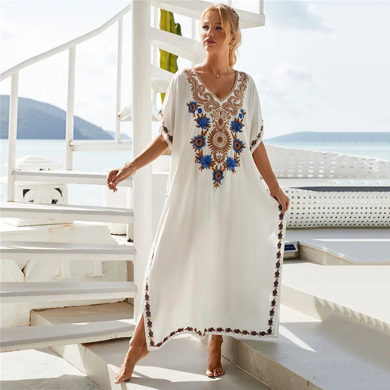 Women's Plus Size Kaftan Dress | Embroidered Caftan Maxi Loungewear & Swimsuit Cover Up