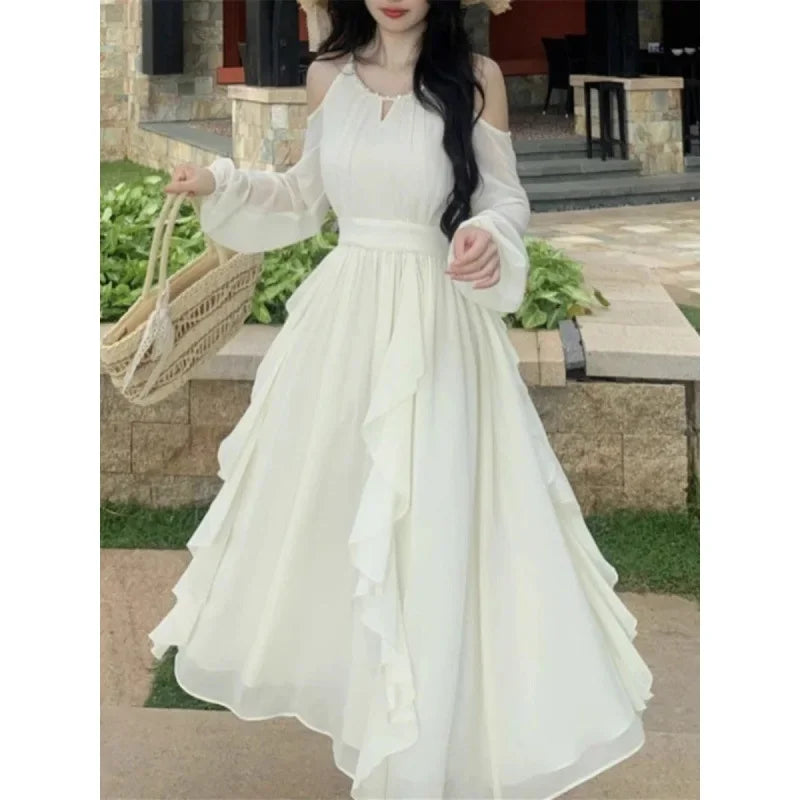 French Style Off-the-Shoulder Pearl Chiffon Beach Dress