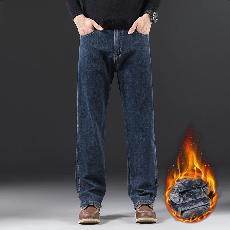 Straight Oversized Brushed Jeans - Warm Fleece Denim Trousers