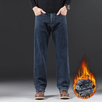Straight Oversized Brushed Jeans - Warm Fleece Denim Trousers