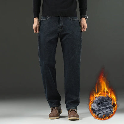 Straight Oversized Brushed Jeans - Warm Fleece Denim Trousers