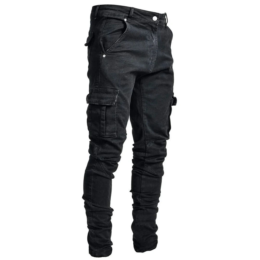 Street Elastic Jeans - Men's Denim Cargo Pants with Multi Pockets
