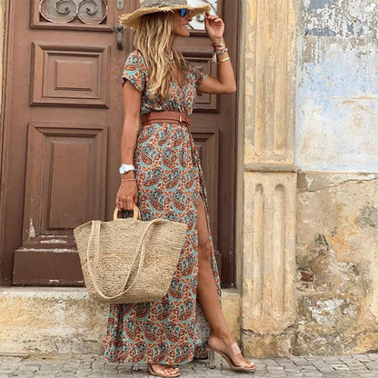 Summer Bohemian V-Neck Long Dress - Floral Print Beach Maxi Dress