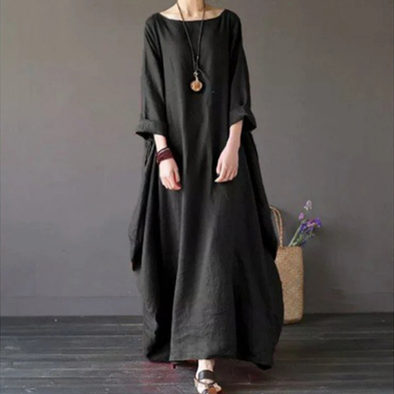 Women's Cotton Linen Loose Dress | Literary Boho Long Sleeve Kaftan Robe