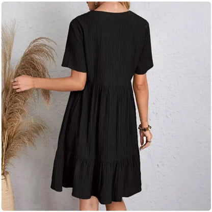 Women's Summer Peplum Dress - V-Neck Short Sleeve Ruffle Fit Flare