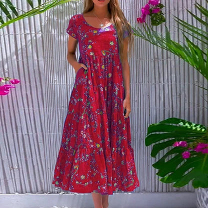 Women's Boho A-Line Maxi Dress - Summer Flower Print