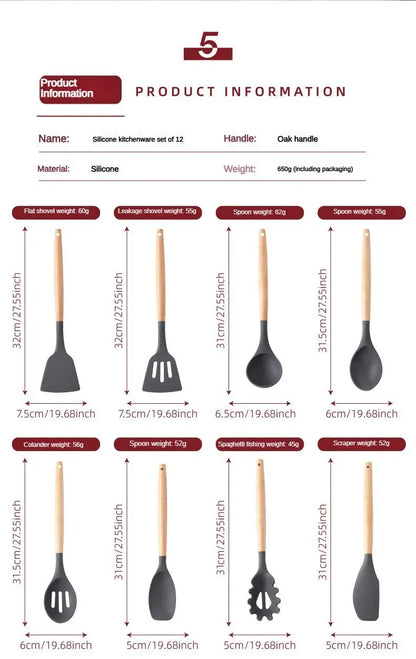 12Set of Wooden Handle Silicone Kitchen Tools Non-Stick Pan Cooking set