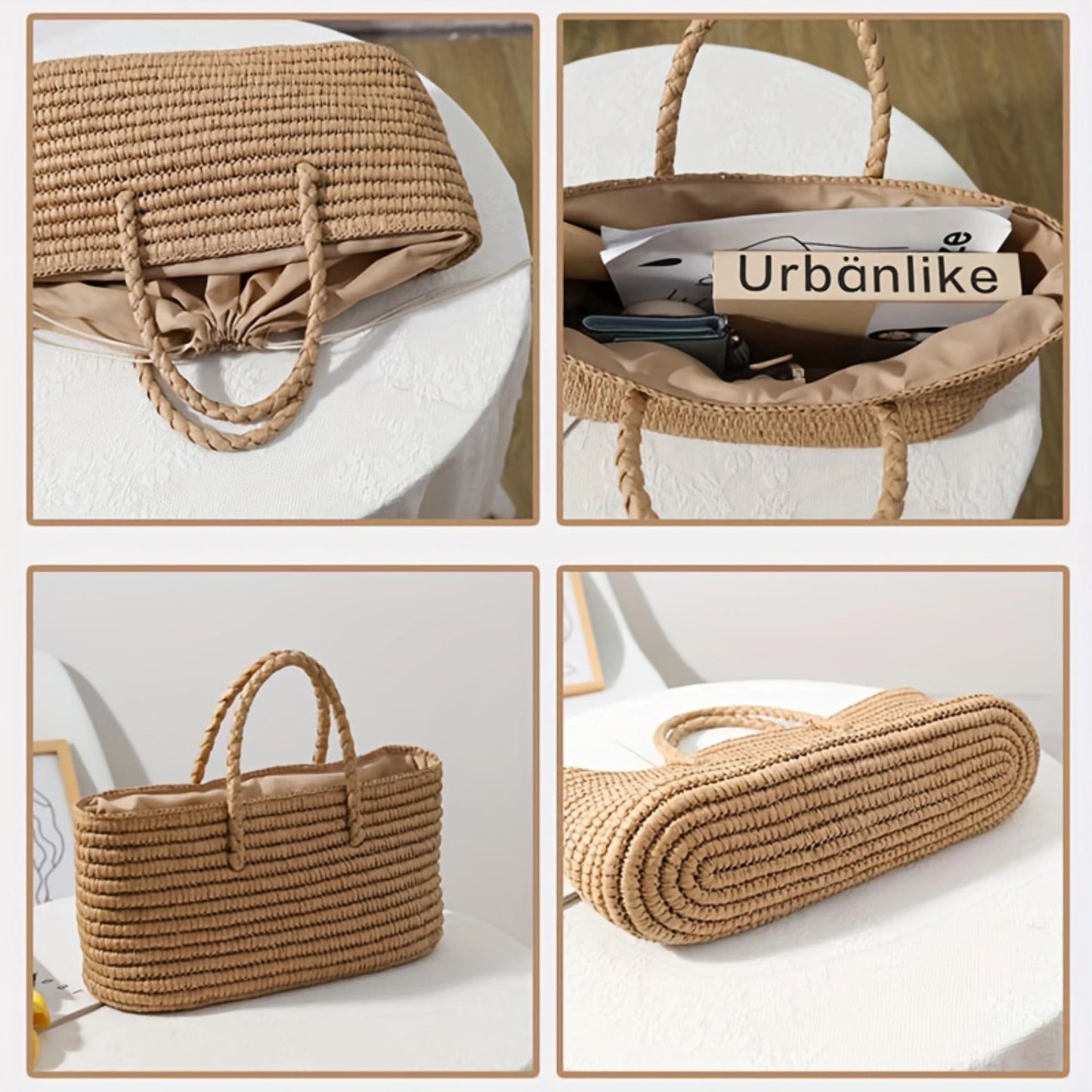 Straw Woven Beach Bag - Summer Drawstring Basket for Ladies