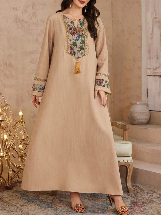 Women's Long Sleeve Floral Print Embroidery Tassel Loose Traditional Dresses