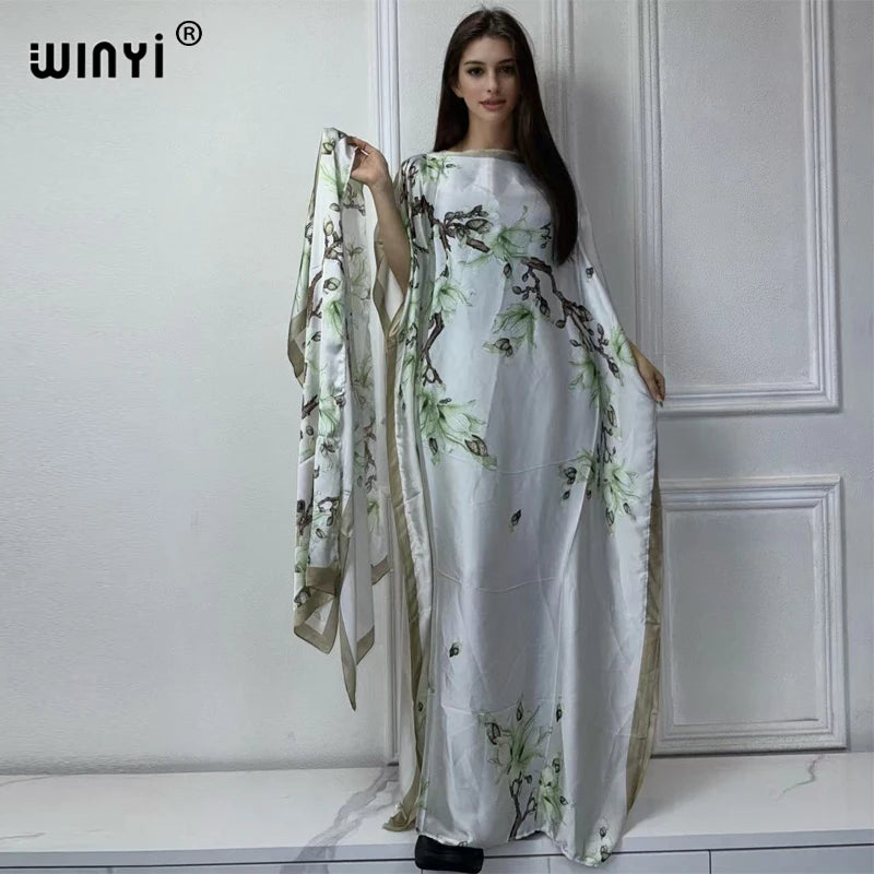 Women Dashiki Dress with Scarf | Boho Print Maxi Loose Dubai Abaya