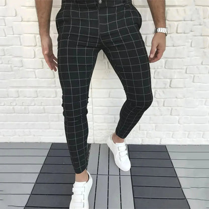 Spring Men Pencil Pants - Slim Fit Plaid Print Trousers