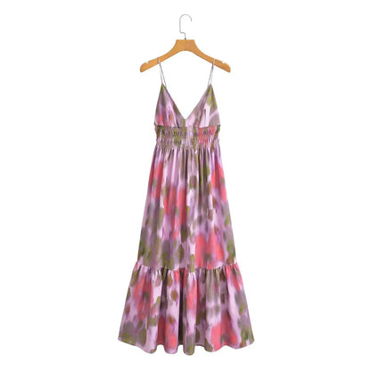 DUOPERI Printed V-Neck Backless Midi Dress - Casual Long Dress