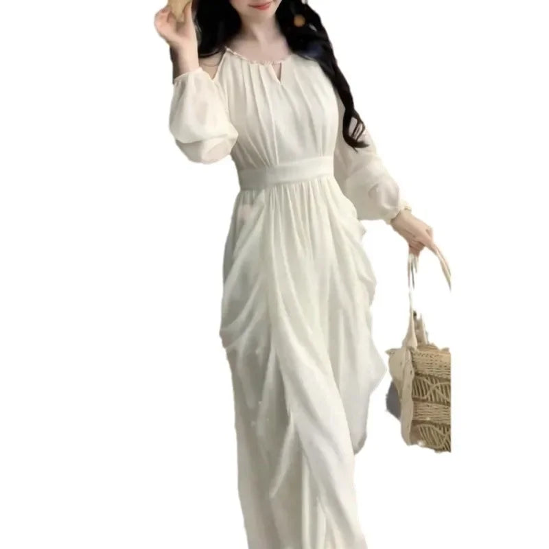 French Style Off-the-Shoulder Pearl Chiffon Beach Dress