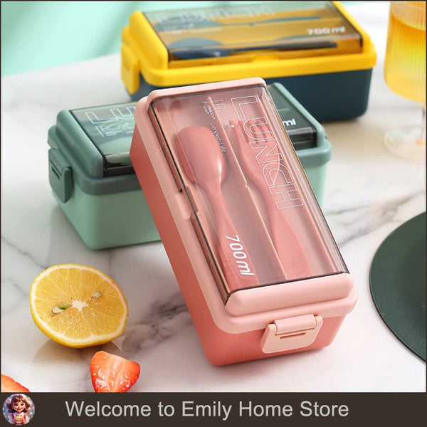Portable Lunch Box For Kids With Fork And Spoon Plastic Double Layer