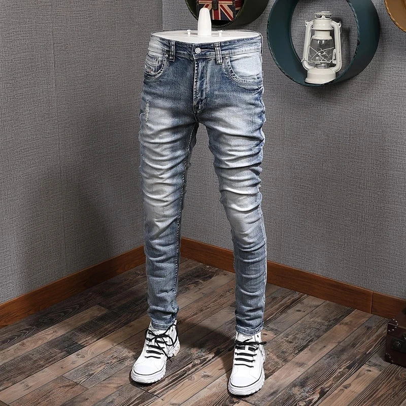 Retro Light Blue Slim Fit Ripped Jeans - Vintage Casual Men's Trousers