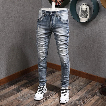 Retro Light Blue Slim Fit Ripped Jeans - Vintage Casual Men's Trousers