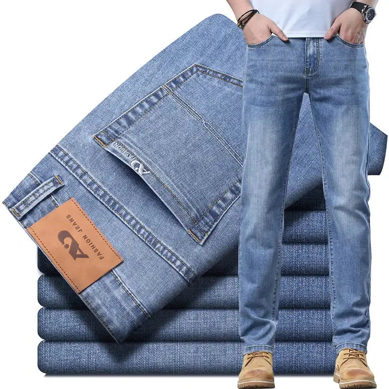 Spring Summer Men's Slim Thin Jeans - Retro Light Blue Denim Pants