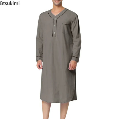 New 2025 Men Jubba Thobe Solid Color Pajamas Fashion Solid Loose Muslim Robe Long-sleeved Nightgown Bathrobes Mens Muslim Kaftan