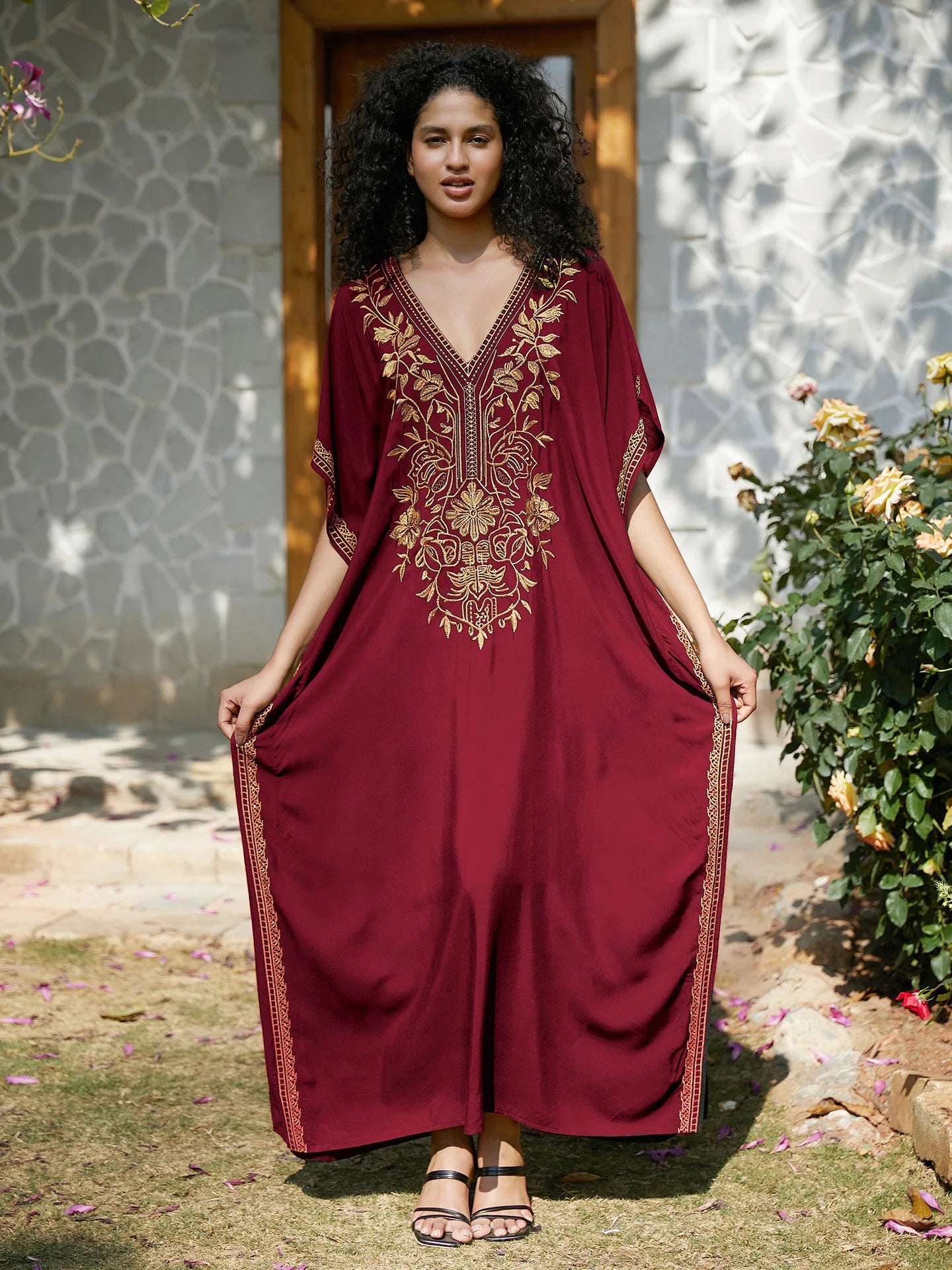 Women's Gold Embroidery Long Kaftan Dress | V Neck Caftan Beach Cover Up