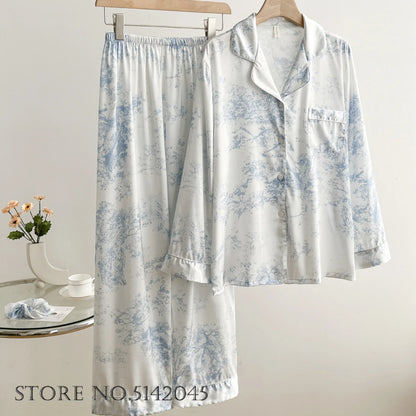Fashion Print Flower 2PCS Pajamas Set - Women's Spring Summer Lounge Wear