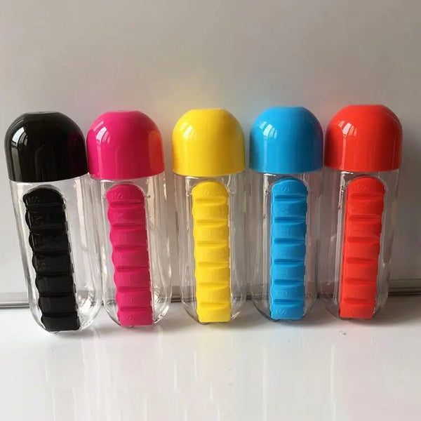 Portable Water Bottle Built Pill Box