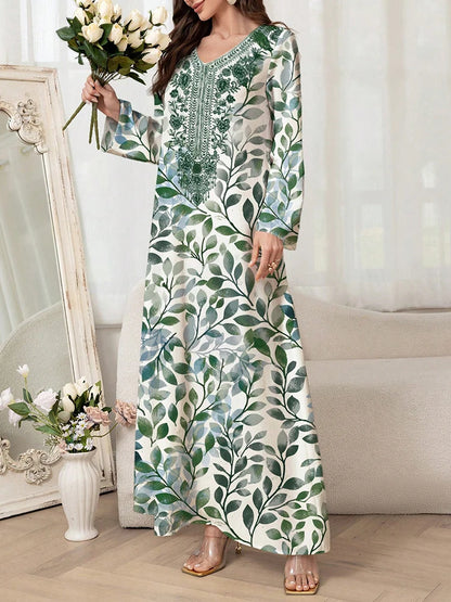 Women's Graphic Print Jalabiya - Long Sleeve V-Neck Loose Dress