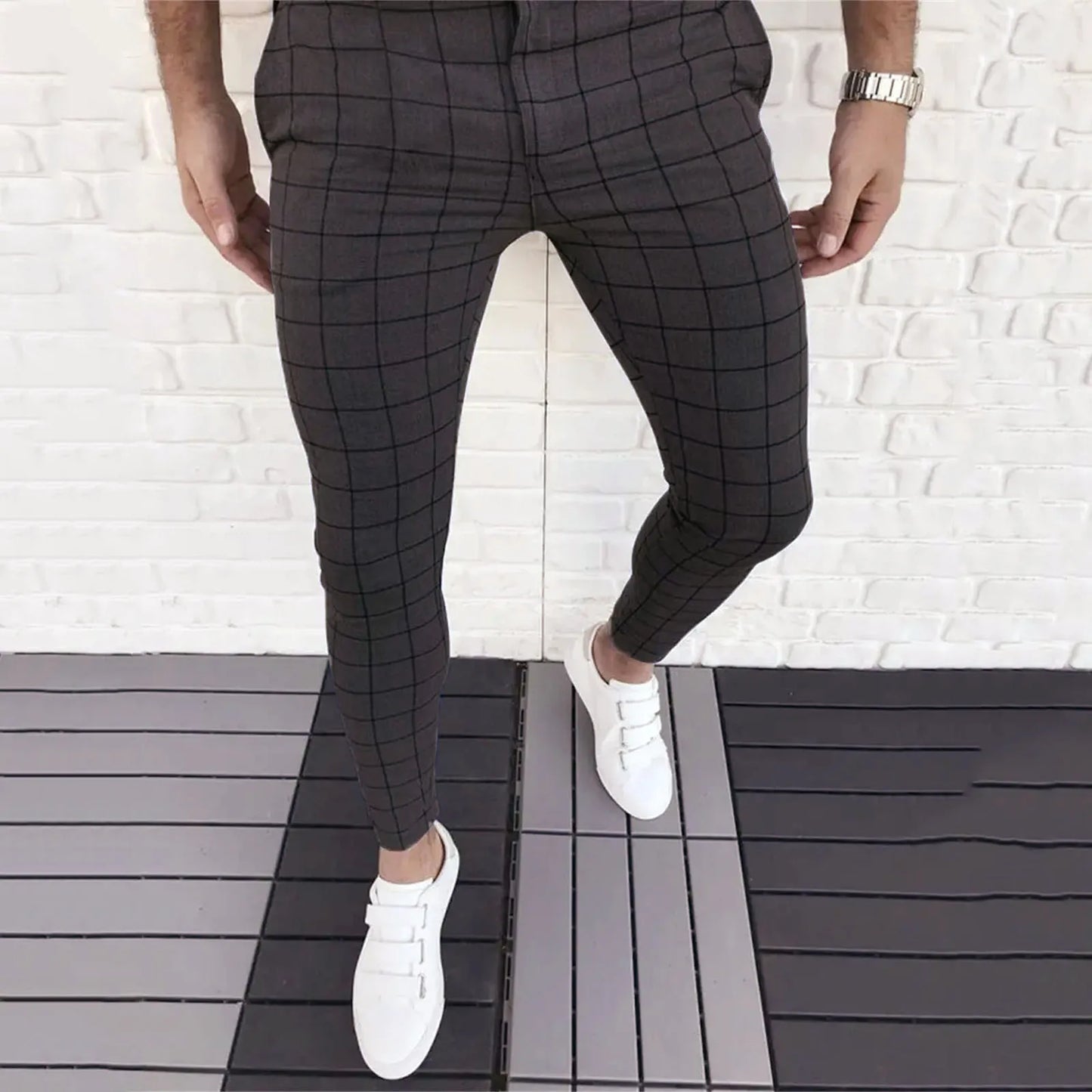 Spring Men Pencil Pants - Slim Fit Plaid Print Trousers