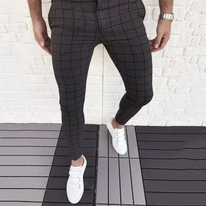 Spring Men Pencil Pants - Slim Fit Plaid Print Trousers